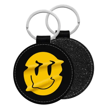 Smile avatar distrorted, Μπρελόκ Δερματίνη, στρογγυλό ΜΑΥΡΟ (5cm)