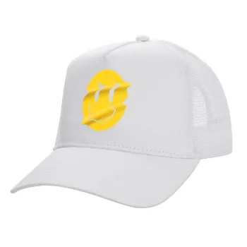 Smile avatar distrorted, Structured Trucker Adult Hat, with Mesh, WHITE (100% COTTON, ADULT, UNISEX, ONE SIZE)