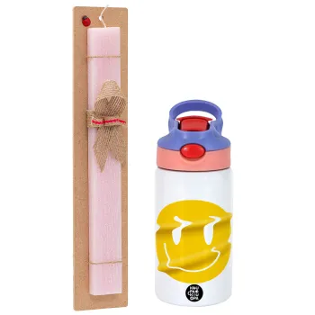 Smile avatar distrorted, Easter Set, Children's thermal stainless steel water bottle with safety straw, pink/purple (350ml) & Easter scented flat candle (30cm) (PINK)