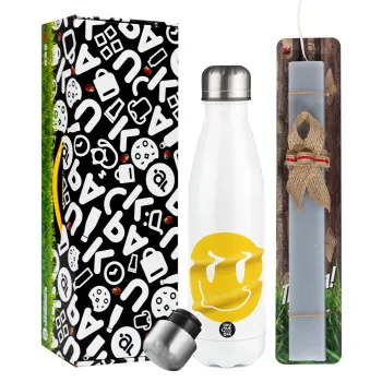 Smile avatar distrorted, Easter candle, metallic white thermos bottle (500ml) & aromatic flat candle (30cm) (GRAY)
