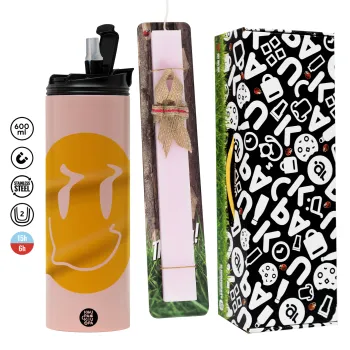 Smile avatar distrorted, Πασχαλινή Λαμπάδα με  ΡΟΖ Travel Tumbler θερμό (600ml, BPA free) & κερί αρωματικό πλακέ (30cm) (ΡΟΖ)
