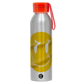 Smile avatar distrorted, Αλουμινένιο Αθλητικό Μπουκάλι 650ml – Ασημί με Κόκκινο Καπάκι και Λουράκι Σιλικόνης