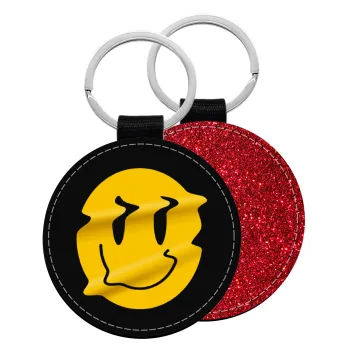 Smile avatar distrorted, Μπρελόκ Δερματίνη, στρογγυλό ΚΟΚΚΙΝΟ (5cm)