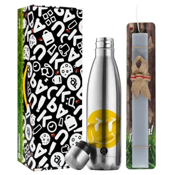 Smile avatar distrorted, Easter Set, metallic stainless thermos flask (500ml) & scented flat Easter candle (30cm) (GRAY)