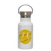 Metallic thermos (Stainless steel) White with wooden lid (bamboo), double-walled, 350ml