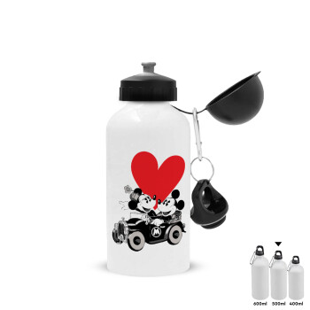 Mickey & Minnie love car, Metal water bottle, White, aluminum 500ml