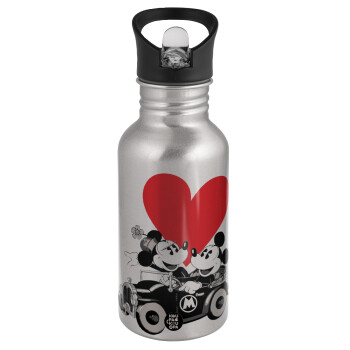 Mickey & Minnie love car, Water bottle Silver with straw, stainless steel 500ml