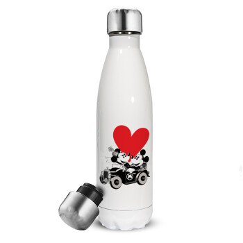 Mickey & Minnie love car, Μεταλλικό παγούρι θερμός Λευκό (Stainless steel), διπλού τοιχώματος, 500ml