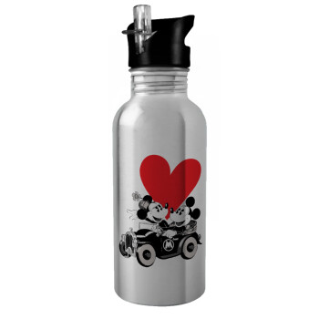 Mickey & Minnie love car, Water bottle Silver with straw, stainless steel 600ml
