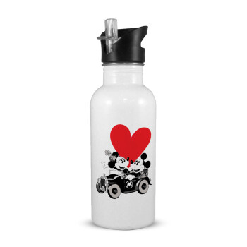 Mickey & Minnie love car, Παγούρι νερού Λευκό με καλαμάκι, ανοξείδωτο ατσάλι 600ml