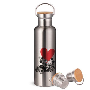 Mickey & Minnie love car, Stainless steel Silver with wooden lid (bamboo), double wall, 750ml