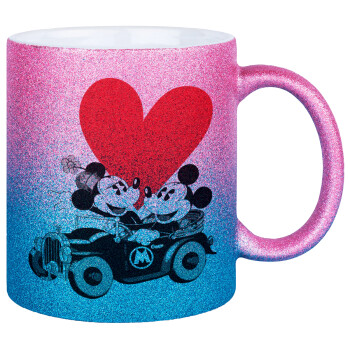 Mickey & Minnie love car, Κούπα Χρυσή/Μπλε Glitter, κεραμική, 330ml