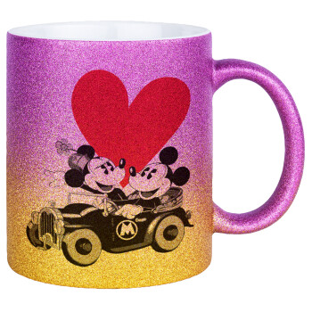 Mickey & Minnie love car, Κούπα Χρυσή/Ροζ Glitter, κεραμική, 330ml