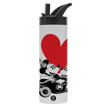Mickey & Minnie love car, Metallic thermos bottle with straw & handle, stainless steel (Stainless steel 304), double-walled, 600ml.