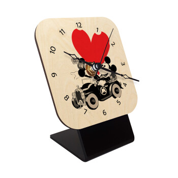 Mickey & Minnie love car, Quartz Table clock in natural wood (10cm)