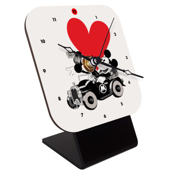 Mickey & Minnie love car, Quartz Wooden table clock with hands (10cm)