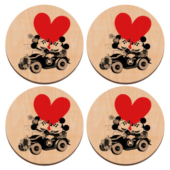 Mickey & Minnie love car, ΣΕΤ x4 Σουβέρ ξύλινα στρογγυλά plywood (9cm)