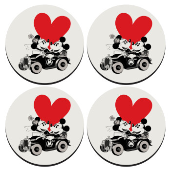 Mickey & Minnie love car, ΣΕΤ 4 Σουβέρ ξύλινα στρογγυλά (9cm)