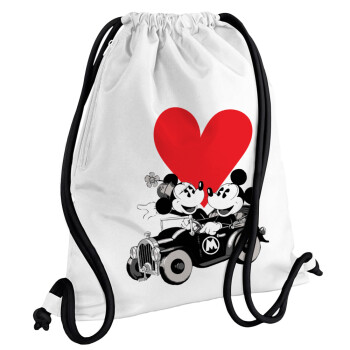 Mickey & Minnie love car, Τσάντα πλάτης πουγκί GYMBAG λευκή, με τσέπη (40x48cm) & χονδρά κορδόνια