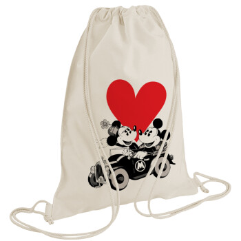 Mickey & Minnie love car, Τσάντα πλάτης πουγκί GYMBAG natural (28x40cm)