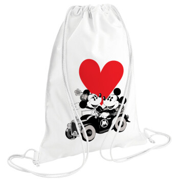 Mickey & Minnie love car, Τσάντα πλάτης πουγκί GYMBAG λευκή (28x40cm)