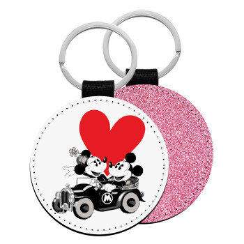 Mickey & Minnie love car, Μπρελόκ Δερματίνη, στρογγυλό ΡΟΖ (5cm)