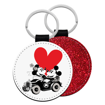 Mickey & Minnie love car, Μπρελόκ Δερματίνη, στρογγυλό ΚΟΚΚΙΝΟ (5cm)