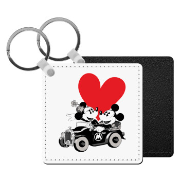 Mickey & Minnie love car, Μπρελόκ Δερματίνη, τετράγωνο ΜΑΥΡΟ (5x5cm)