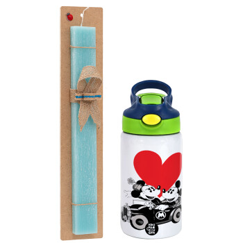 Mickey & Minnie love car, Easter Set, Children's thermal stainless steel bottle with safety straw, green/blue (350ml) & aromatic flat Easter candle (30cm) (TURQUOISE)