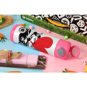 Mickey & Minnie love car, Easter candle, Childrens hot water bottle, stainless steel, with safety straw, PINK (500ml)