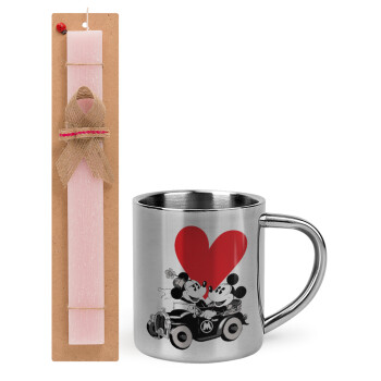 Mickey & Minnie love car, Easter Set, metallic thermal cup (300ml) & aromatic flat Easter candle (30cm) (PINK)