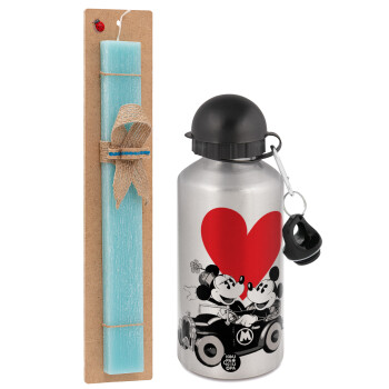 Mickey & Minnie love car, Easter Set, metallic silver aluminum water bottle (500ml) & scented flat Easter candle (30cm) (TURQUOISE)