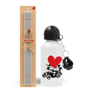 Mickey & Minnie love car, Easter Set, metallic aluminum water bottle (500ml) & aromatic flat Easter candle (30cm) (GRAY)