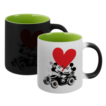 Mickey & Minnie love car, Κούπα Μαγική εσωτερικό πράσινο, κεραμική 330ml που αλλάζει χρώμα με το ζεστό ρόφημα (1 τεμάχιο)