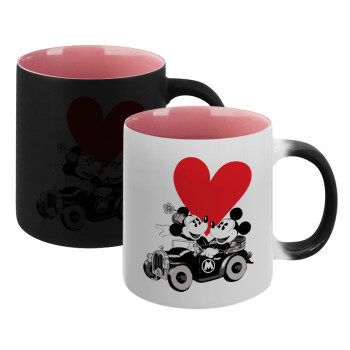 Mickey & Minnie love car, Κούπα Μαγική εσωτερικό ΡΟΖ, κεραμική 330ml που αλλάζει χρώμα με το ζεστό ρόφημα (1 τεμάχιο)