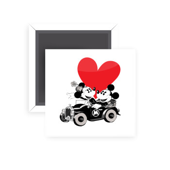Mickey & Minnie love car, Μαγνητάκι ψυγείου τετράγωνο διάστασης 5x5cm