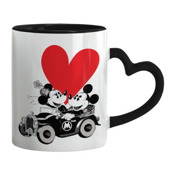 Mickey & Minnie love car, Κούπα καρδιά χερούλι μαύρη, κεραμική, 330ml
