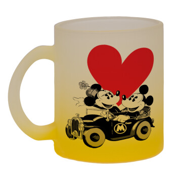 Mickey & Minnie love car, Κούπα γυάλινη δίχρωμη με βάση το κίτρινο ματ, 330ml
