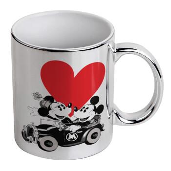 Mickey & Minnie love car, Κούπα κεραμική, ασημένια καθρέπτης, 330ml