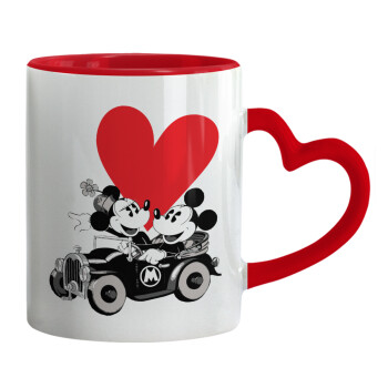 Mickey & Minnie love car, Mug heart red handle, ceramic, 330ml