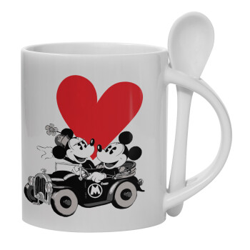 Mickey & Minnie love car, Ceramic coffee mug with Spoon, 330ml (1pcs)