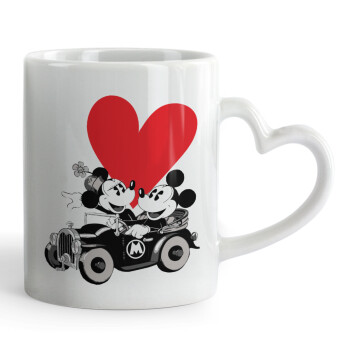 Mickey & Minnie love car, Κούπα καρδιά χερούλι λευκή, κεραμική, 330ml