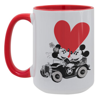 Mickey & Minnie love car, Κούπα Mega 15oz, κεραμική Κόκκινη, 450ml