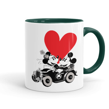 Mickey & Minnie love car, Κούπα χρωματιστή πράσινη, κεραμική, 330ml