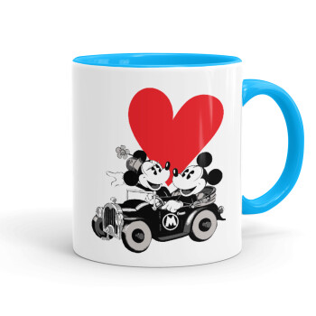 Mickey & Minnie love car, Κούπα χρωματιστή γαλάζια, κεραμική, 330ml