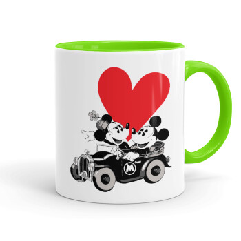 Mickey & Minnie love car, Mug colored light green, ceramic, 330ml