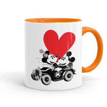 Mickey & Minnie love car, Κούπα χρωματιστή πορτοκαλί, κεραμική, 330ml