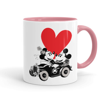 Mickey & Minnie love car, Κούπα χρωματιστή ροζ, κεραμική, 330ml