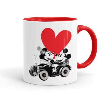 Mickey & Minnie love car, Κούπα χρωματιστή κόκκινη, κεραμική, 330ml