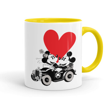 Mickey & Minnie love car, Κούπα χρωματιστή κίτρινη, κεραμική, 330ml